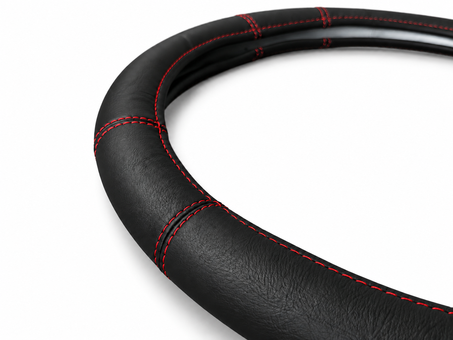 Husa volan pentru camion din piele naturala, 44-46 cm, Negru cu cusaturi rosii [2]