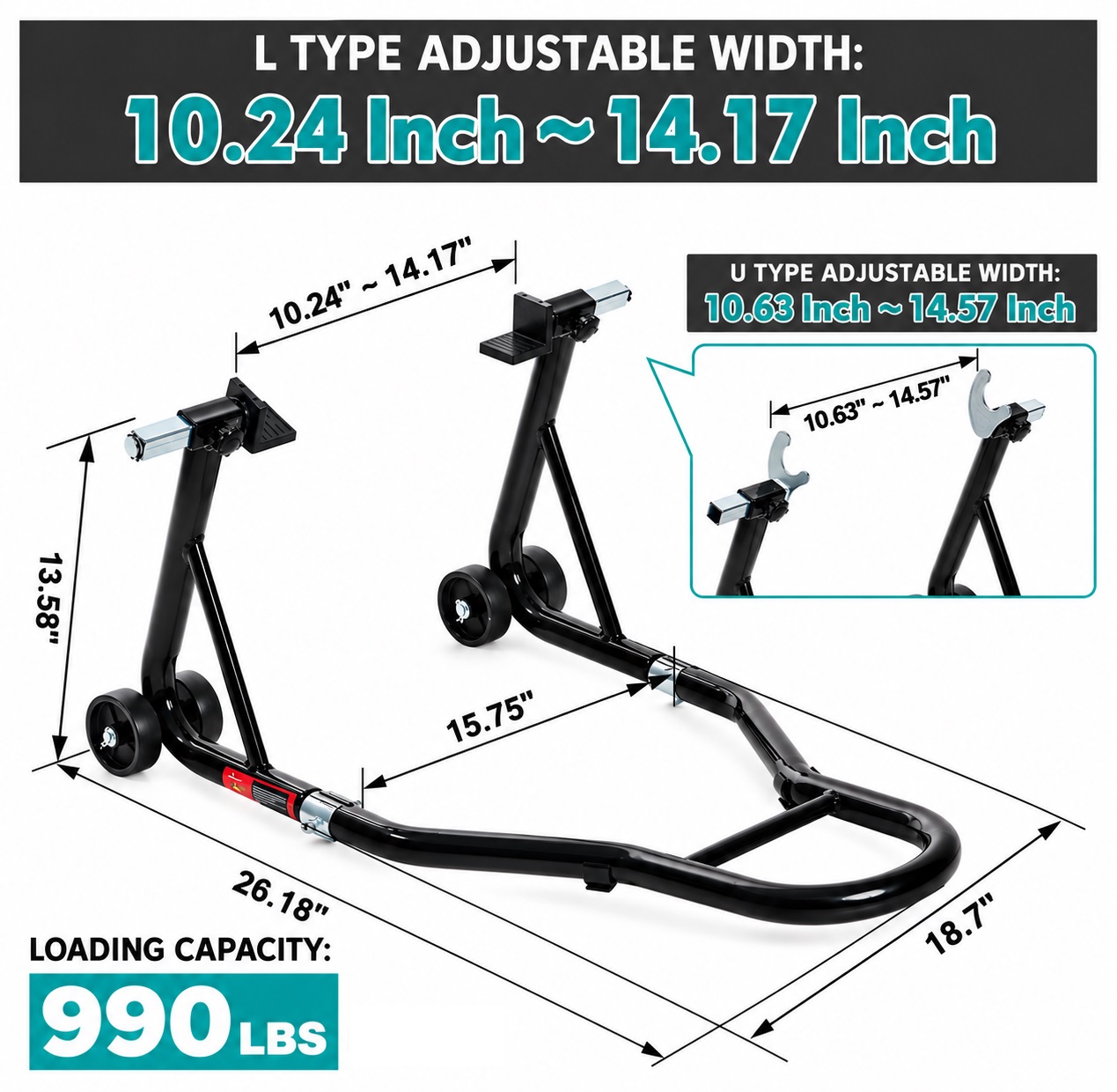 Stander Moto Spate pentru Motocicleta, Suport Ridicare si Mentenanta, Reglabil 240-370 mm, Capacitate 450 kg, Adaptoare L si U, Roti 72 mm, Otel, Negru [1]