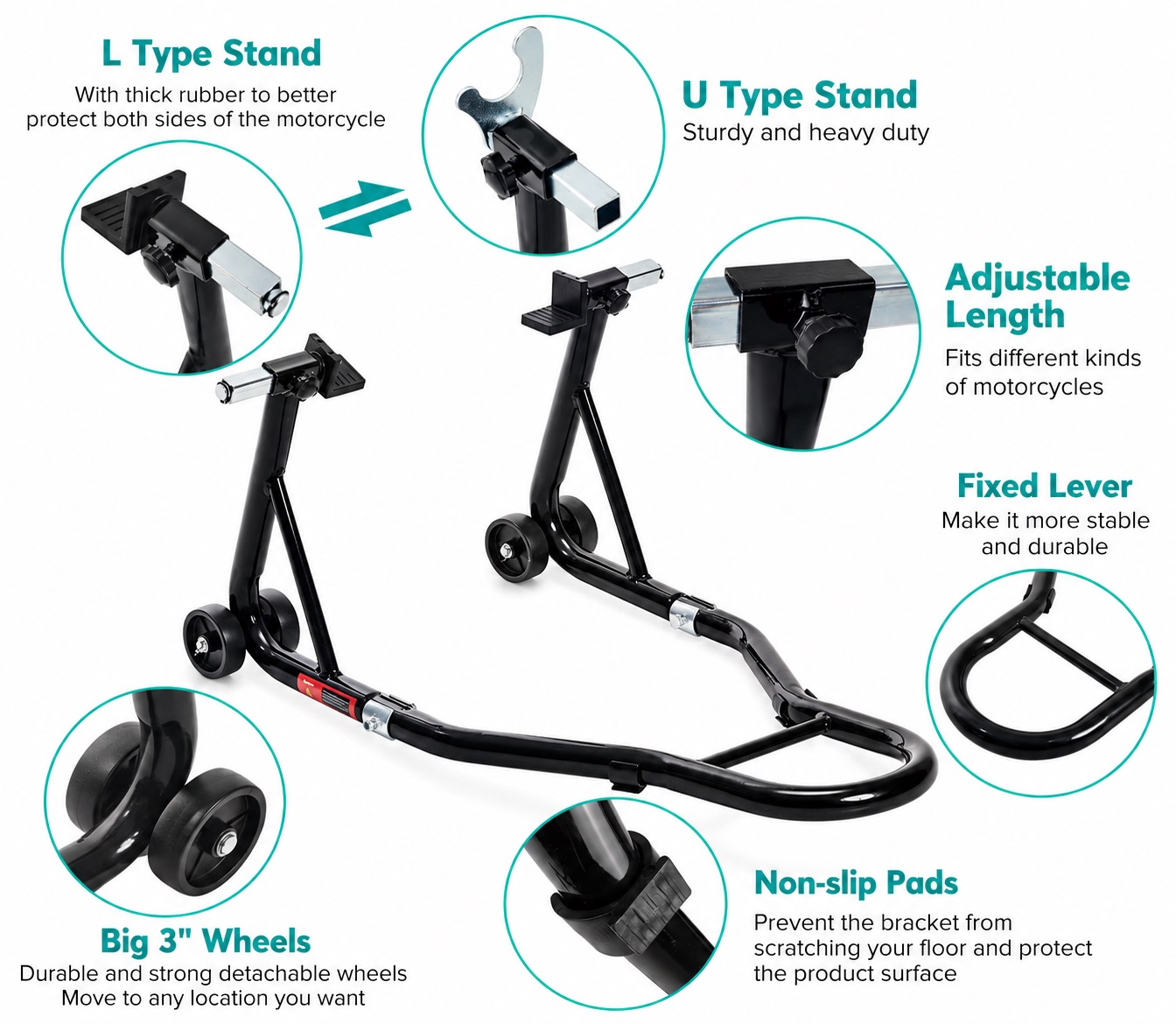 Stander Moto Spate pentru Motocicleta, Suport Ridicare si Mentenanta, Reglabil 240-370 mm, Capacitate 450 kg, Adaptoare L si U, Roti 72 mm, Otel, Negru [2]