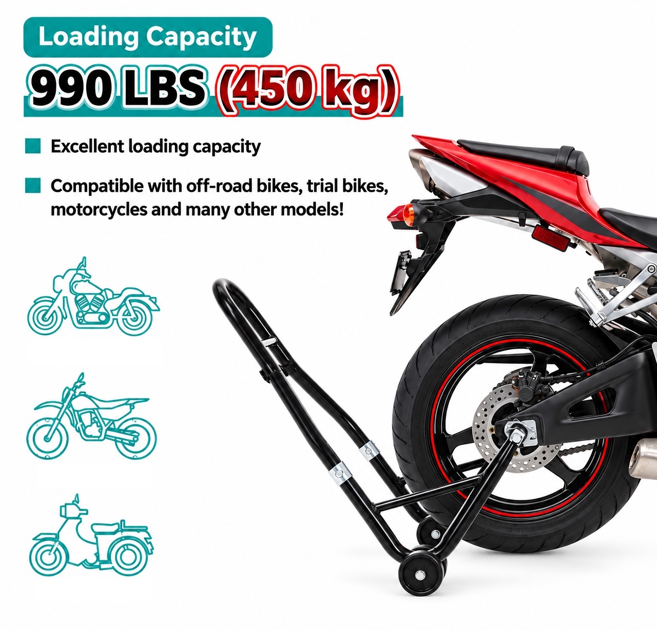 Stander Moto Spate pentru Motocicleta, Suport Ridicare si Mentenanta, Reglabil 240-370 mm, Capacitate 450 kg, Adaptoare L si U, Roti 72 mm, Otel, Negru [3]