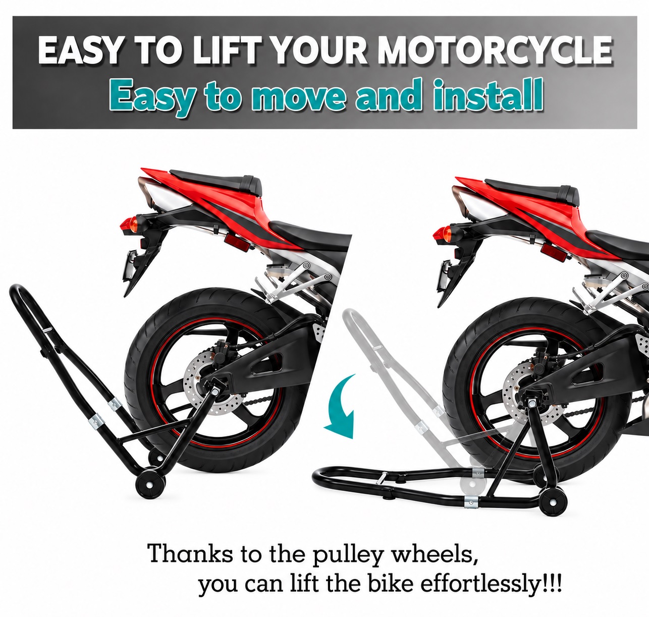 Stander Moto Spate pentru Motocicleta, Suport Ridicare si Mentenanta, Reglabil 240-370 mm, Capacitate 450 kg, Adaptoare L si U, Roti 72 mm, Otel, Negru [4]