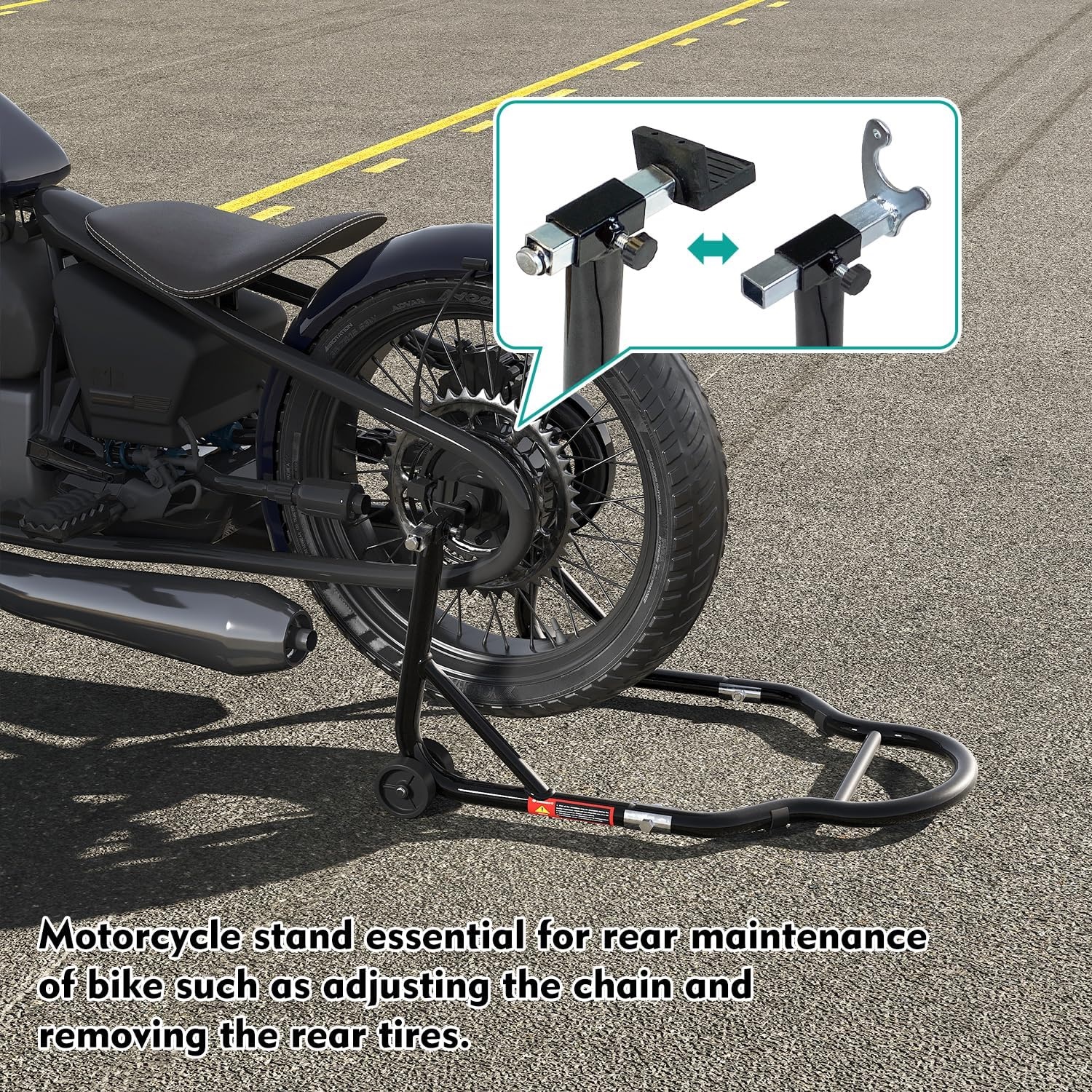 Stander Moto Spate pentru Motocicleta, Suport Ridicare si Mentenanta, Reglabil 240-370 mm, Capacitate 450 kg, Adaptoare L si U, Roti 72 mm, Otel, Negru [5]