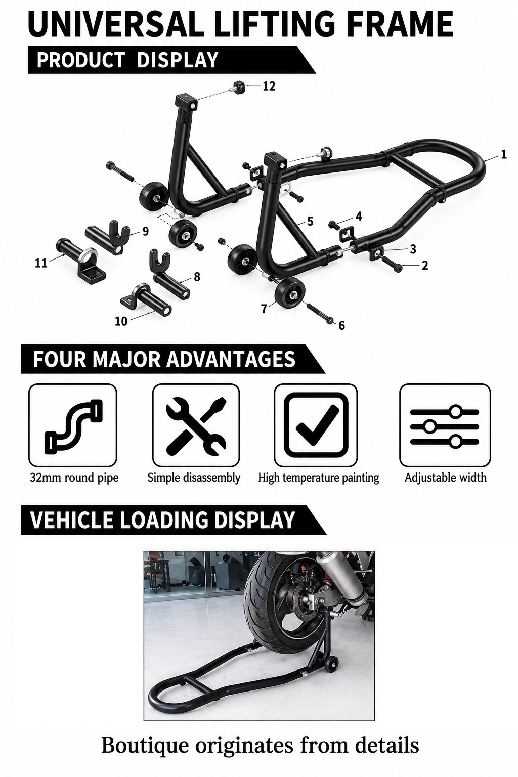 Stander Moto Spate pentru Motocicleta, Suport Ridicare si Mentenanta, Reglabil 240-370 mm, Capacitate 450 kg, Adaptoare L si U, Roti 72 mm, Otel, Negru [7]