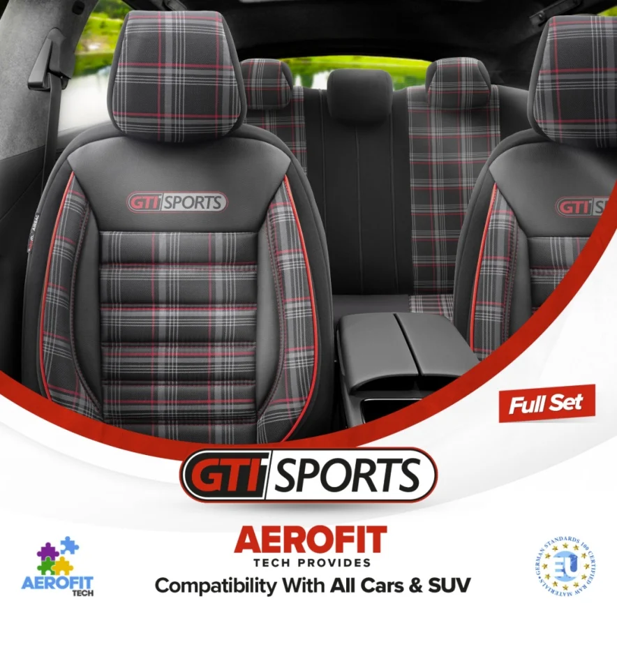 Set huse scaune auto  textil cu piele ecologica GTI SPORTS Design – Neagra cu cusatura portocalie, pentru scaune fata si spate [3]