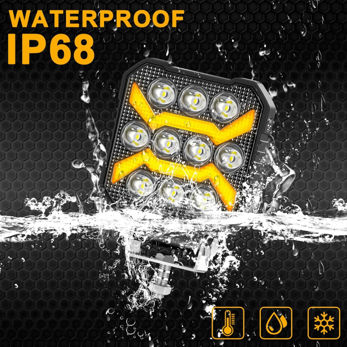 Proiector 10 LED Halogen cu Lumină Albă DRL Portocalie, 1700Lm, 9-30V, Rezistent la Apă IP68 - 17W [12]