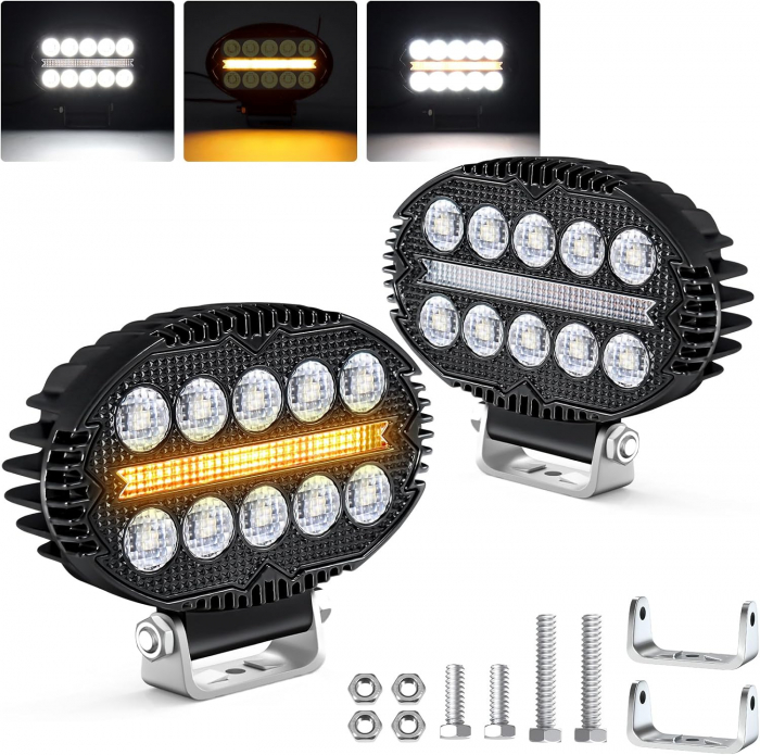Proiector 10 LED Halogen cu Lumină Albă și DRL Portocalie, 2000LM, 9-30V, Rezistent la Apă IP67 [5]