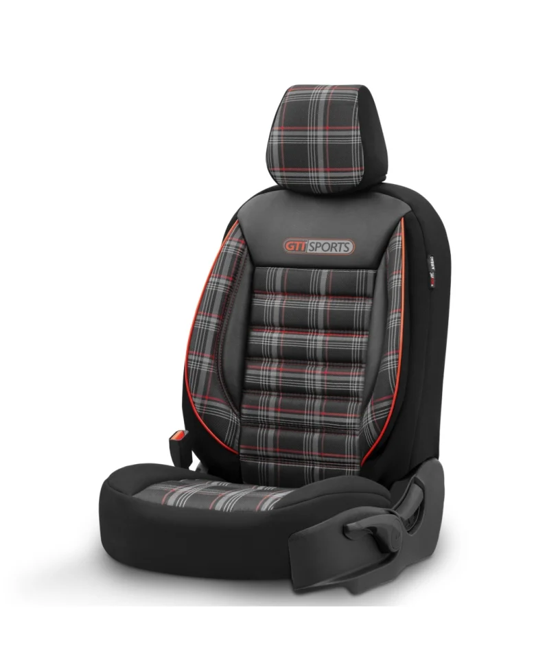 Set huse scaune auto  textil cu piele ecologica GTI SPORTS Design – Neagra cu cusatura portocalie, pentru scaune fata si spate [6]