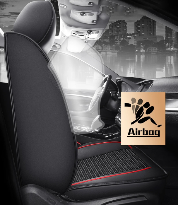 Set Huse Auto universale din piele ecologica cu material textil, negru cu contur alb pentru scaune fata si spate [4]