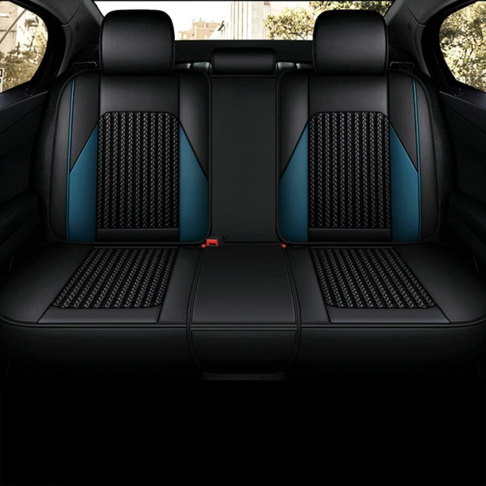 Set Huse Auto universale lux din piele ecologica cu material textil, negru cu accent alb si albastru pentru scaune fata si spate [4]