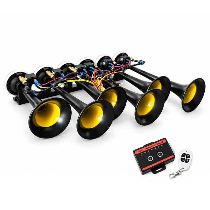 Claxon Muzical Pneumatic Basuri cu 6 Trompete, 20 Melodii, 12V/24V si Telecomanda Wireless [3]