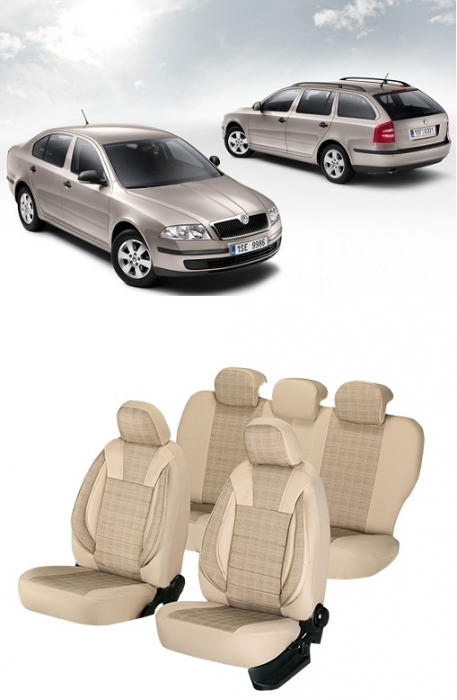 Huse scaune Premium din piele si textil SKODA OCTAVIA II 2004-2013 LUXURY Bej [1]