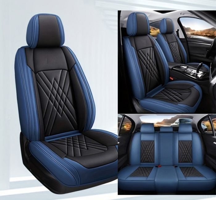 Set Huse Auto universale lux din piele ecologica, albastru si negru pentru scaune fata si spate [3]