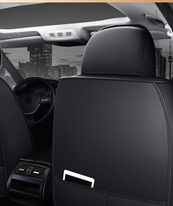 Set Huse Auto universale lux din piele ecologica cu material textil, negru pentru scaune fata si spate [5]