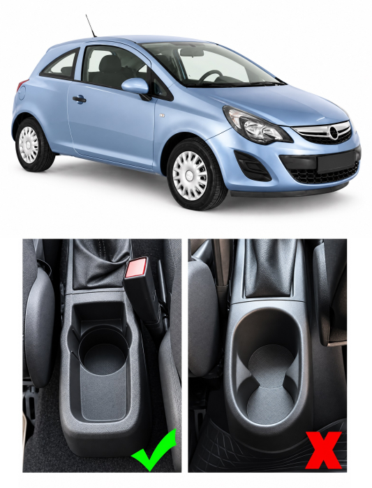 Cotiera Auto pentru Opel Corsa D, Piele Ecologica, Suport Pahar si Scrumiera, Negru cu Crom [2]