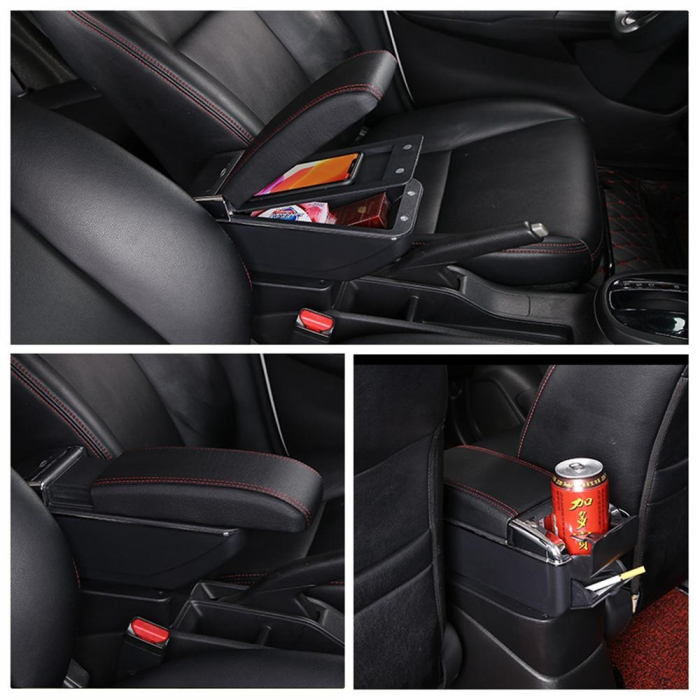 Cotiera Auto pentru Opel Corsa D, Piele Ecologica, Suport Pahar si Scrumiera, Negru cu Crom [10]