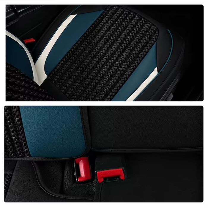 Set Huse Auto universale lux din piele ecologica cu material textil, negru cu accent alb si albastru pentru scaune fata si spate [6]