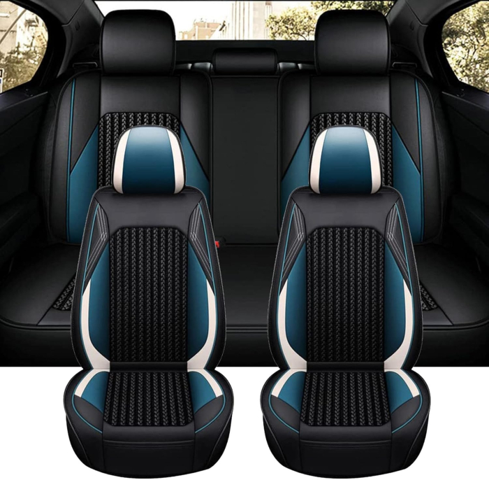 Set Huse Auto universale lux din piele ecologica cu material textil, negru cu accent alb si albastru pentru scaune fata si spate [2]