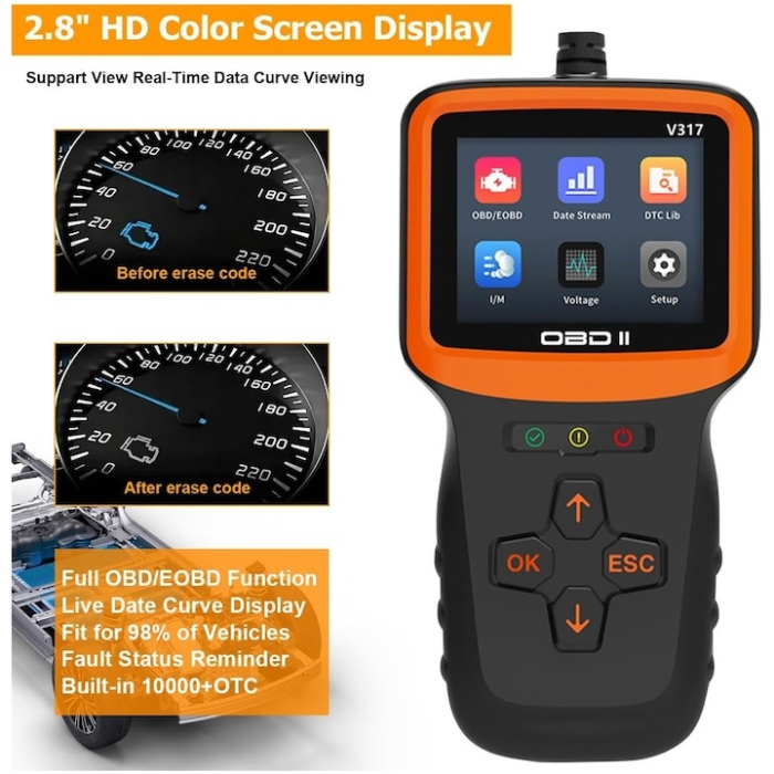 Tester Diagnoza Auto OBD2 V317, Scanner OBDII/EOBD, Ecran Color 2.8 Inch, Citire si Stergere Erori, Test Baterie 12V [3]