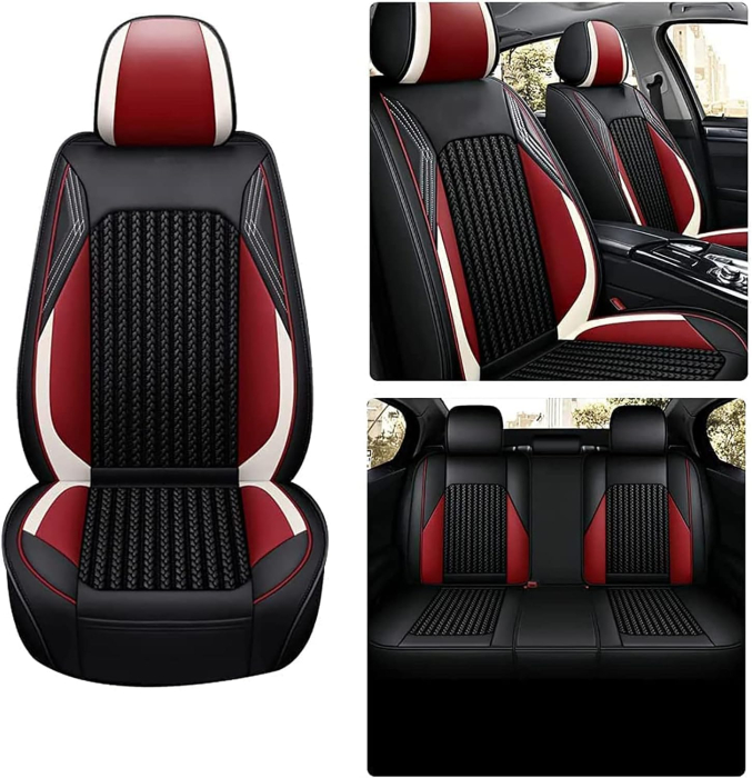 Set Huse Auto universale lux din piele ecologica cu material textil, negru cu accent rosu si alb pentru scaune fata si spate [2]