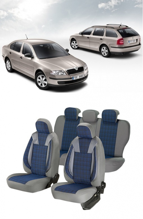 Huse scaune Premium din piele si textil SKODA OCTAVIA II 2004-2013 LUXURY ALBASTRU [1]