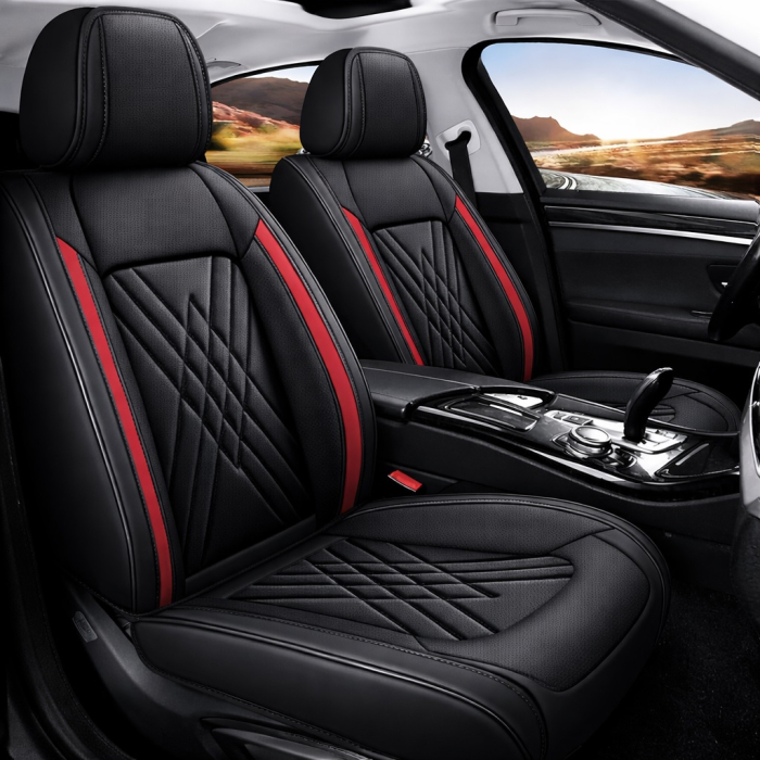 Set Huse Auto universale lux din piele ecologica, negru cu rosu pentru scaune fata si spate [5]