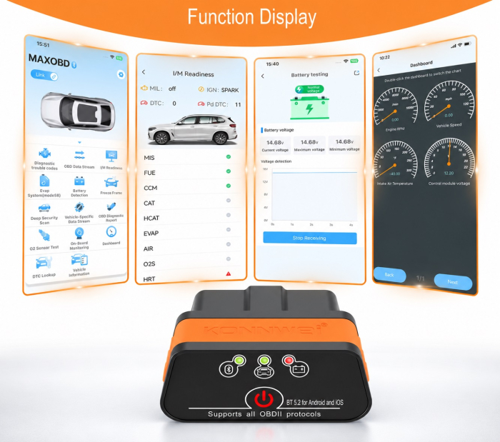 Diagnoza Auto KONNWEI OBD2 Bluetooth 5.2, Android/iOS, Aplicatie MAXOBD Gratuita, Fara Abonament [5]