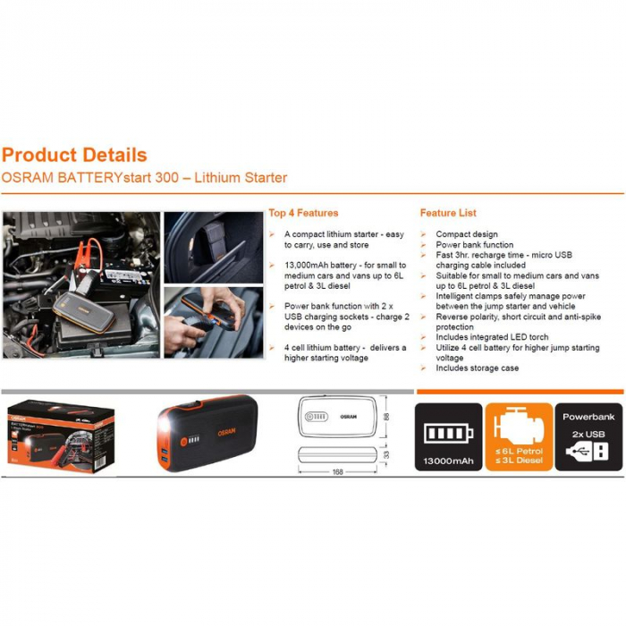 Acumulator extern / jump starter Osram BATTERYstart 300, 13000 mAh ,LiCoO2 , timp incarcare 3H, mufa Micro-USB [4]