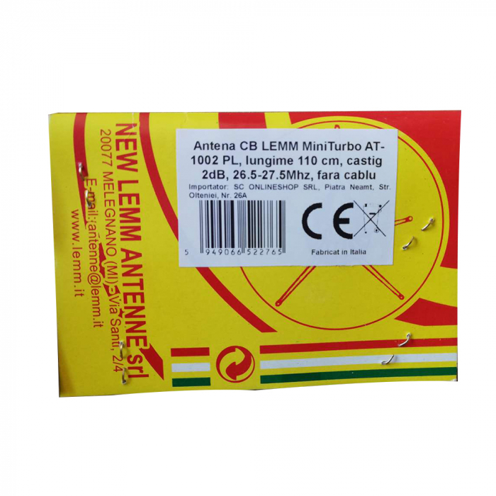 Antena CB LEMM MiniTurbo AT-1002 PL, lungime 110 cm, castig 2dB, 26.5-27.5Mhz, 200W, fara cablu, fabricata in Italia [4]
