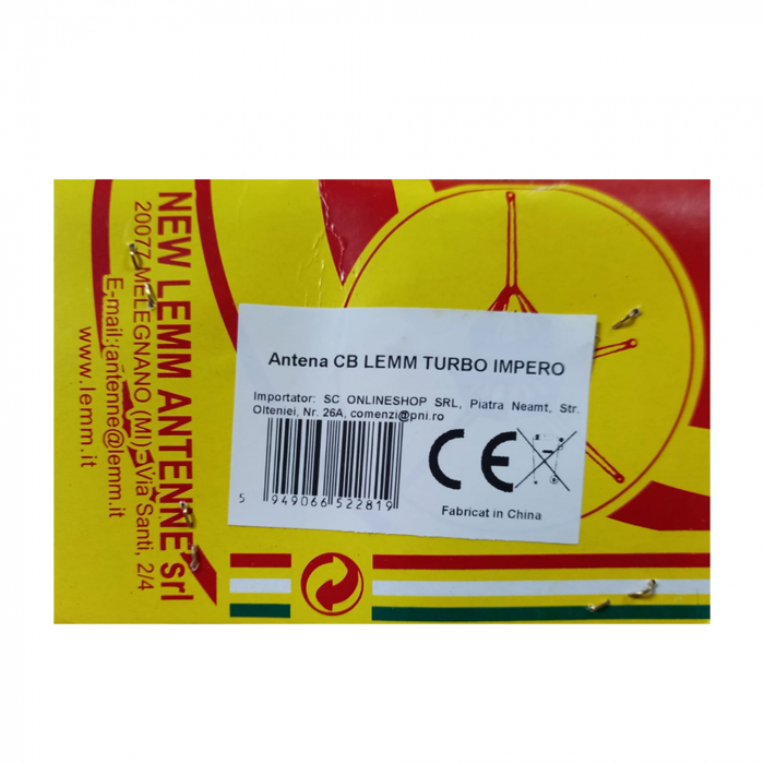 Antena CB LEMM TURBO IMPERO, alb, lungime 200 cm, castig 7dB, 26.5-28Mhz, 2500W, cablu RG58 4m, fabricata in Italia [5]