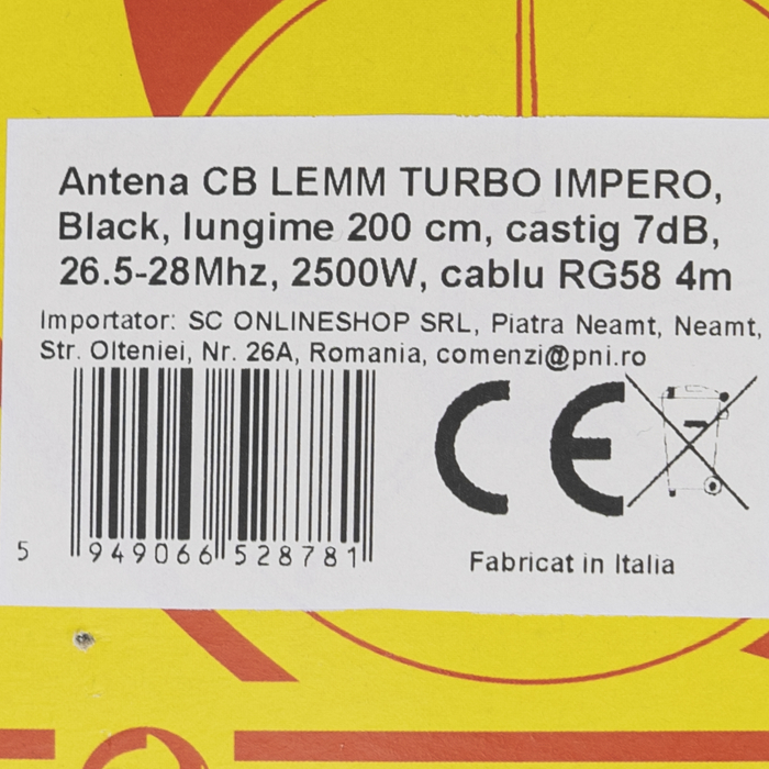 Antena CB LEMM TURBO IMPERO, Black, lungime 200 cm, castig 7dB, 26.5-28Mhz, 2500W, cablu RG58 4m, fabricata in Italia [7]