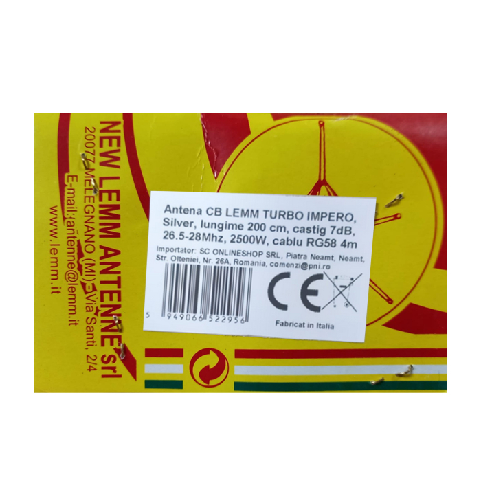 Antena CB LEMM TURBO IMPERO, Silver, lungime 200 cm, castig 7dB, 26.5-28Mhz, 2500W, cablu RG58 4m, fabricata in Italia [6]