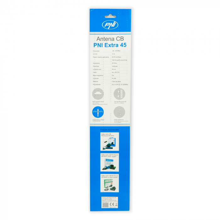 Antena CB PNI Extra 45, cu magnet inclus, lungime 45 cm, SWR 1.0, 26-30MHz, 150W, fibra de sticla [5]