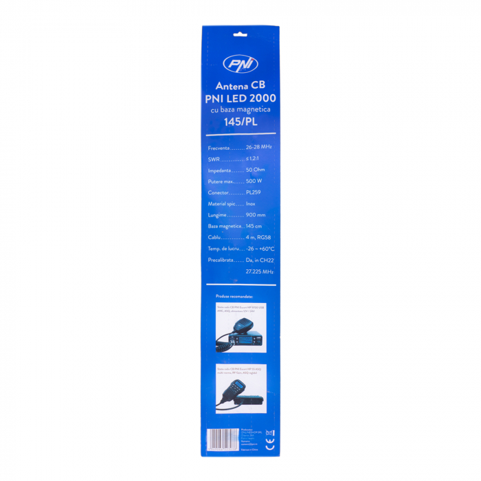 Antena CB PNI LED 2000 90 cm, cu baza magnetica 145mm, 26-28 MHz, 500 Watt, ilumineaza in timpul emisiei [9]