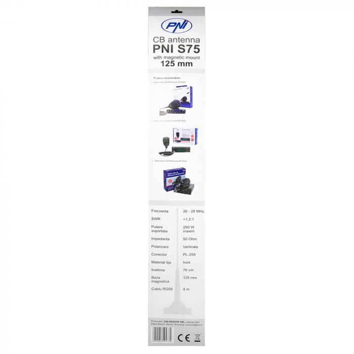 Antena CB PNI S75 cu fluture, 26-28MHz, lungime spic 54 cm, magnet 125mm inclus [10]