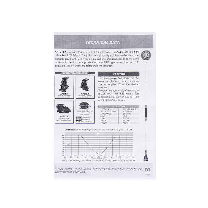 Antena CB PNI Steelbras AP10187, 66cm, 26.9-27.4MHz, 0.5dBi, 100W, fara accesorii [1]