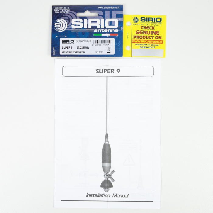Antena CB Sirio SUPER 9 cu fluture, lungime 155 cm, 27 - 28.5 MHz, 250W, montura, cablu RG58 de 4m si mufa PL259 incluse [10]