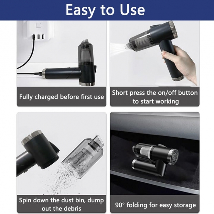 Aspirator auto portabil multifuncțional 9000Pa 3 în 1 negru USB reîncărcabil, cu duze și filtru HEPA [14]