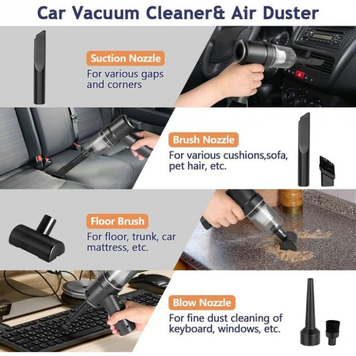 Aspirator auto portabil multifuncțional 9000Pa 3 în 1 negru USB reîncărcabil, cu duze și filtru HEPA [19]