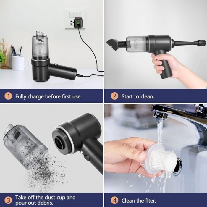 Aspirator auto portabil multifuncțional 9000Pa 3 în 1 negru USB reîncărcabil, cu duze și filtru HEPA [12]