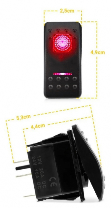 Buton comutator Intrerupator ON/OFF "LOW BEAM" cu martor luminos roșu - 12V/24V, rezistent la apă [5]