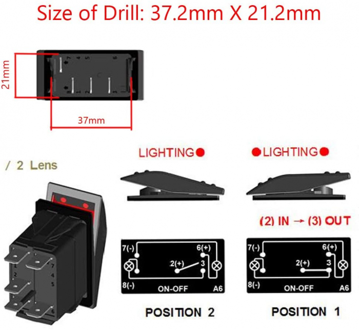 Buton Intrerupator, Comutator, ON OFF, Auto, 12V 24V, cu LED Panou, Lumina Rosie, Universal ON/OFF [3]