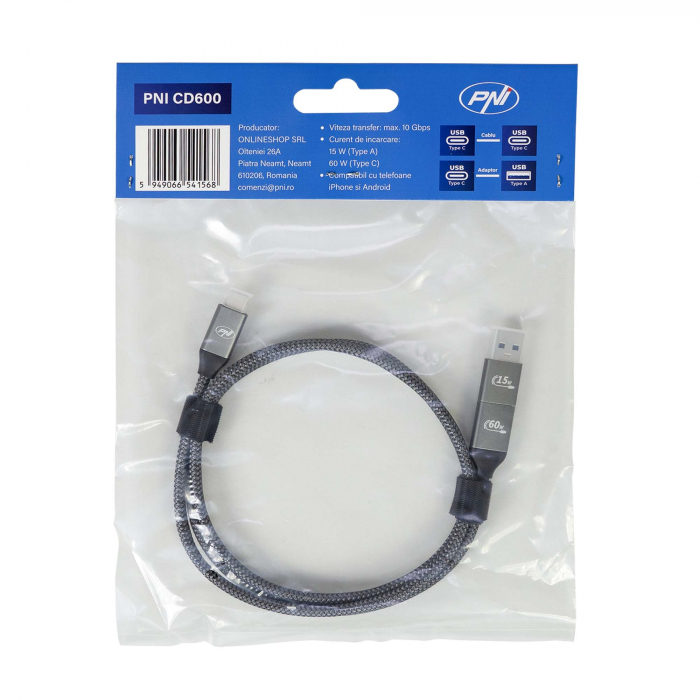 Cablu date si incarcare PNI CD600 USB Type-C la Type-C 60W + adaptor USB Type-C la USB-A, lungime 1m [1]