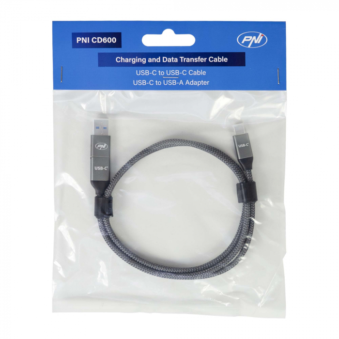Cablu date si incarcare PNI CD600 USB Type-C la Type-C 60W + adaptor USB Type-C la USB-A, lungime 1m [2]