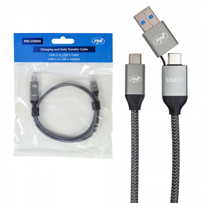Cablu date si incarcare PNI CD600 USB Type-C la Type-C 60W + adaptor USB Type-C la USB-A, lungime 1m [13]