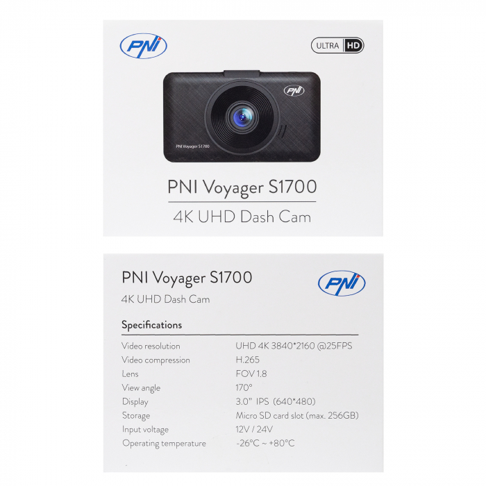 Camera auto DVR PNI Voyager S1700 4K UHD, ecran 3 inch, inregistrare ciclica, monitorizare parcare, detectie miscare, alimentare 12V/24V [15]