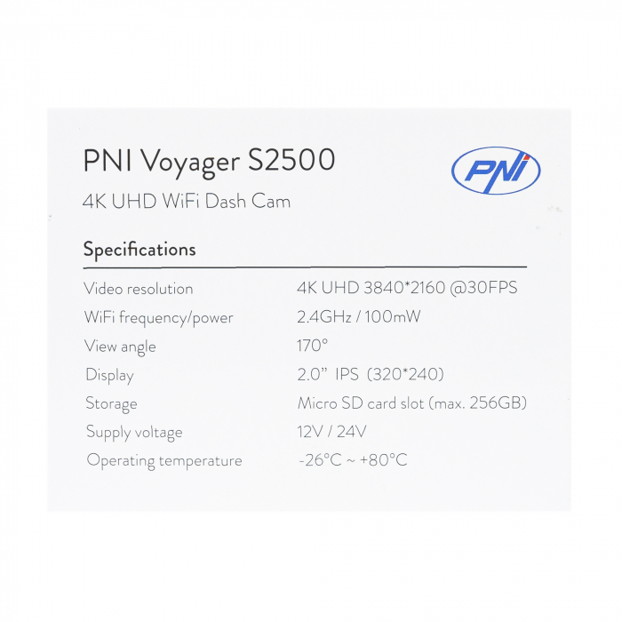 Camera auto DVR PNI Voyager S2500 WiFi, 4K UHD, ecran 2 inch, inregistrare ciclica, monitorizare parcare, detectie miscare, inregistrare video si audio, alimentare 12V/24V [11]