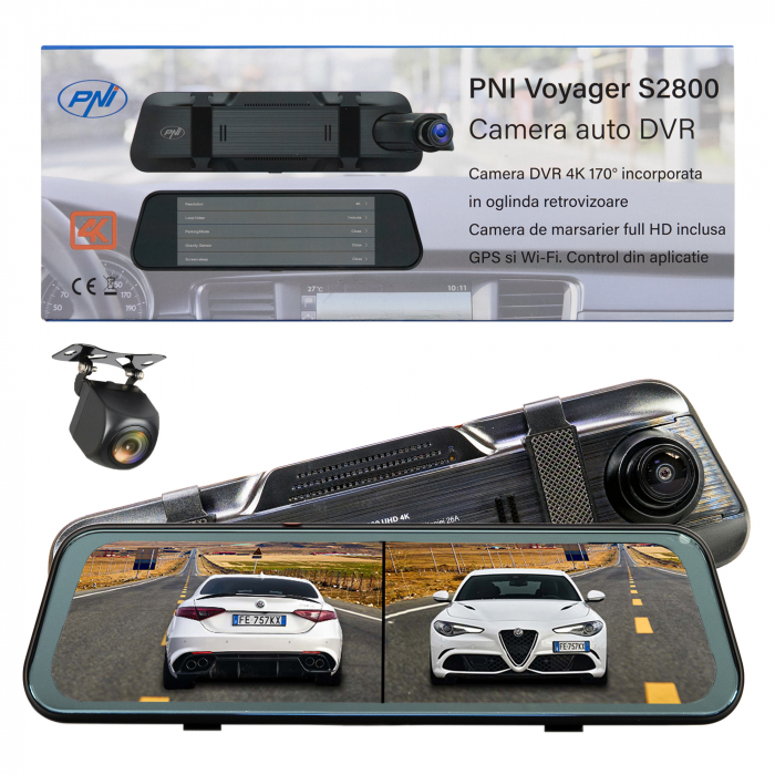 Camera auto DVR PNI Voyager S2800 UHD 4K 170° incorporata in oglinda retrovizoare, 9.66 inch, touchscreen IPS, monitorizare parcare, G-Sensor, slot card micro SD, USB-C, functie GPS, Wi-Fi, control di [1]