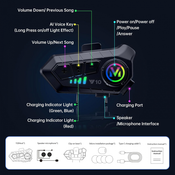 Cască Bluetooth fără fir pentru cască de motocicletă, interfon bidirecțional cu reducere inteligentă a zgomotului, multifuncțională, rezistentă la apă [3]
