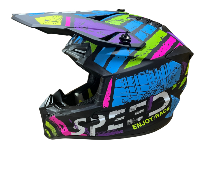 Casca copii Motocross - Enduro pentru motocicleta, ATV, bicicleta - marimea XS (47-48 cm), negru mat cu design neon multicolor [2]