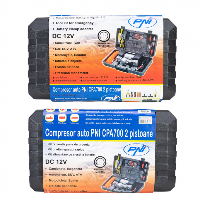 Compresor auto PNI CPA700 dublu piston si kit reparatie anvelope, 12V, 25A [6]